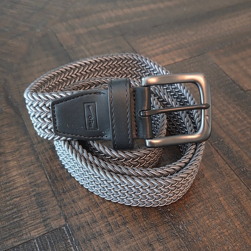 Nike Golf G-Flex Mens Woven Braided Stretch Belt Grey Black Leather Trim 41 Inch
